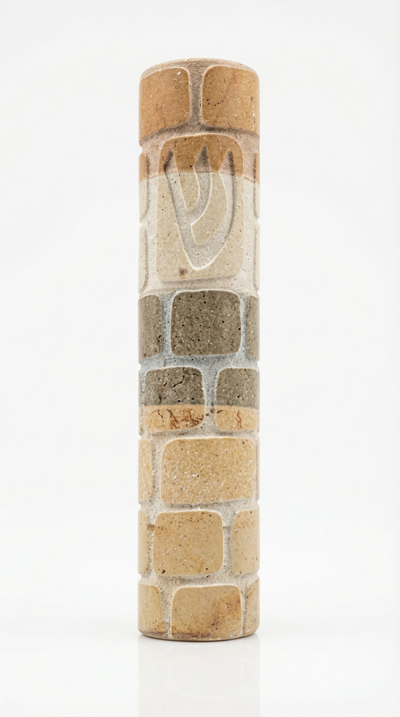 High-resolution image of a Jerusalem stone Mezuzah made in Israel, featuring natural stones from Holy Land, with detailed engravings and Hebrew inscriptions.