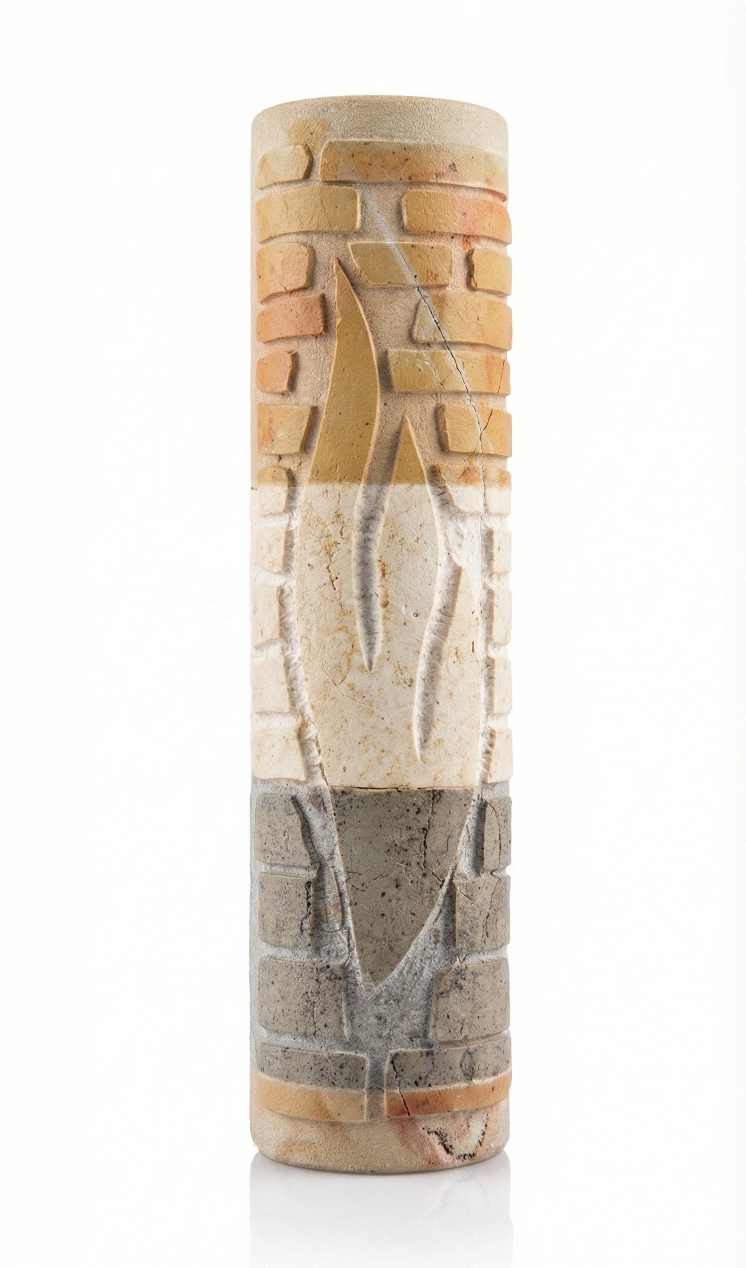 High-resolution image of a Jerusalem and Tiberias stone Mezuzah with detailed engraving, surface texture, and precise Hebrew lettering, on a white background with soft reflection.