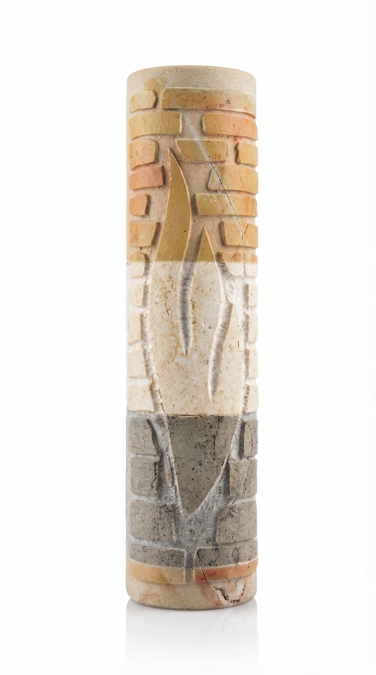 High-resolution image of a Jerusalem and Tiberias stone Mezuzah with detailed engraving, surface texture, and precise Hebrew lettering, on a white background with soft reflection.