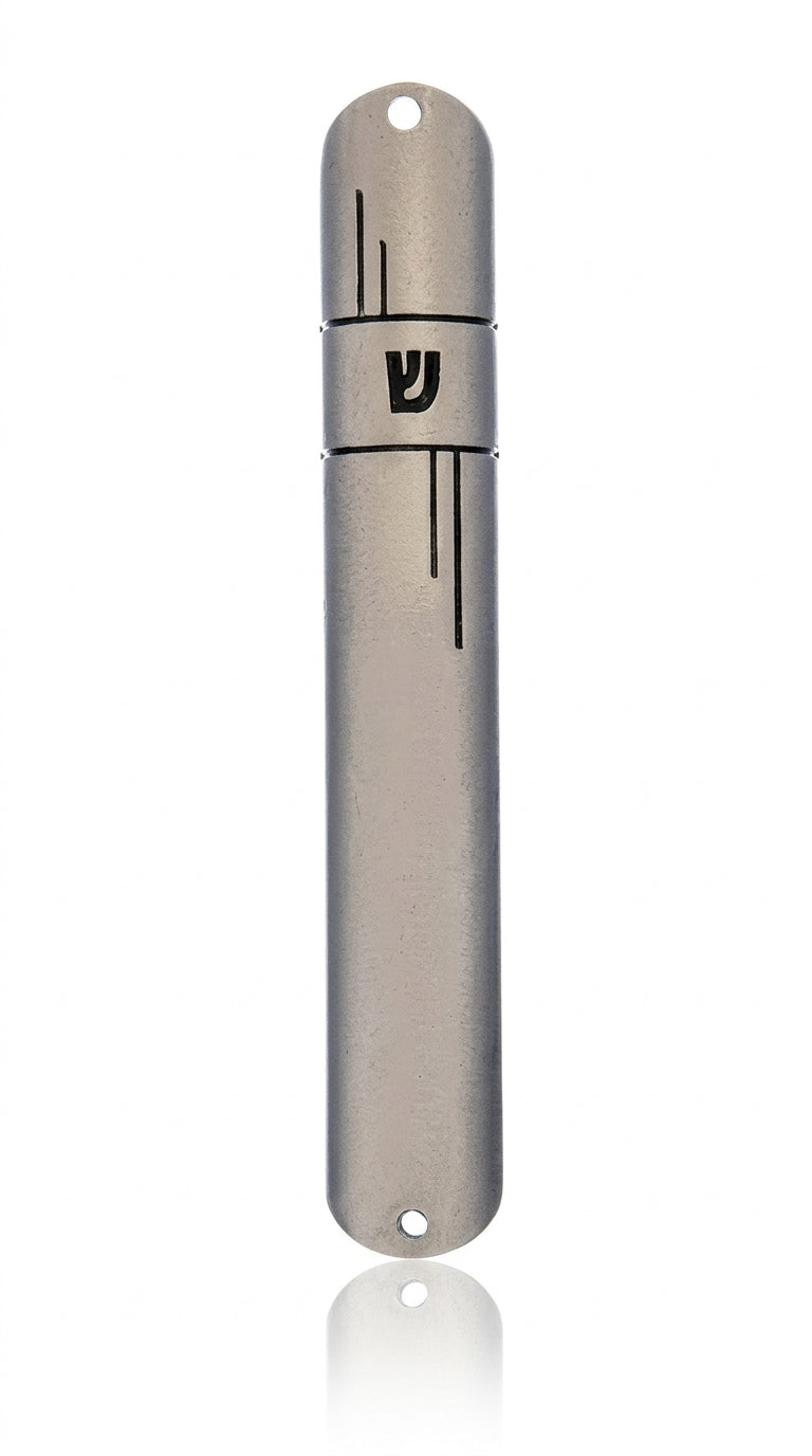 Le Platane Mezuzah crafted from pewter, 6 inches tall, with detailed Hebrew inscriptions and decorative motifs, on a white studio background with a soft reflection.
