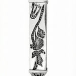 handmade sterling silver mezuzah with intricate leaf filigree and Hebrew characters