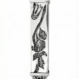 handmade sterling silver mezuzah with intricate leaf filigree and Hebrew characters