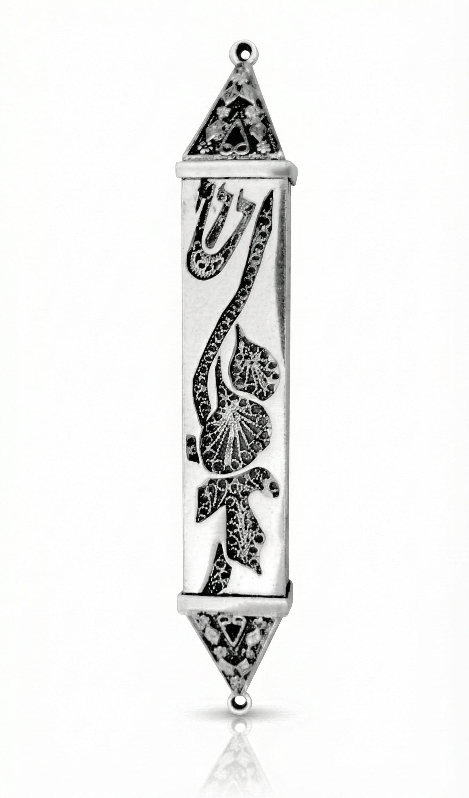 handmade sterling silver mezuzah with intricate leaf filigree and Hebrew characters