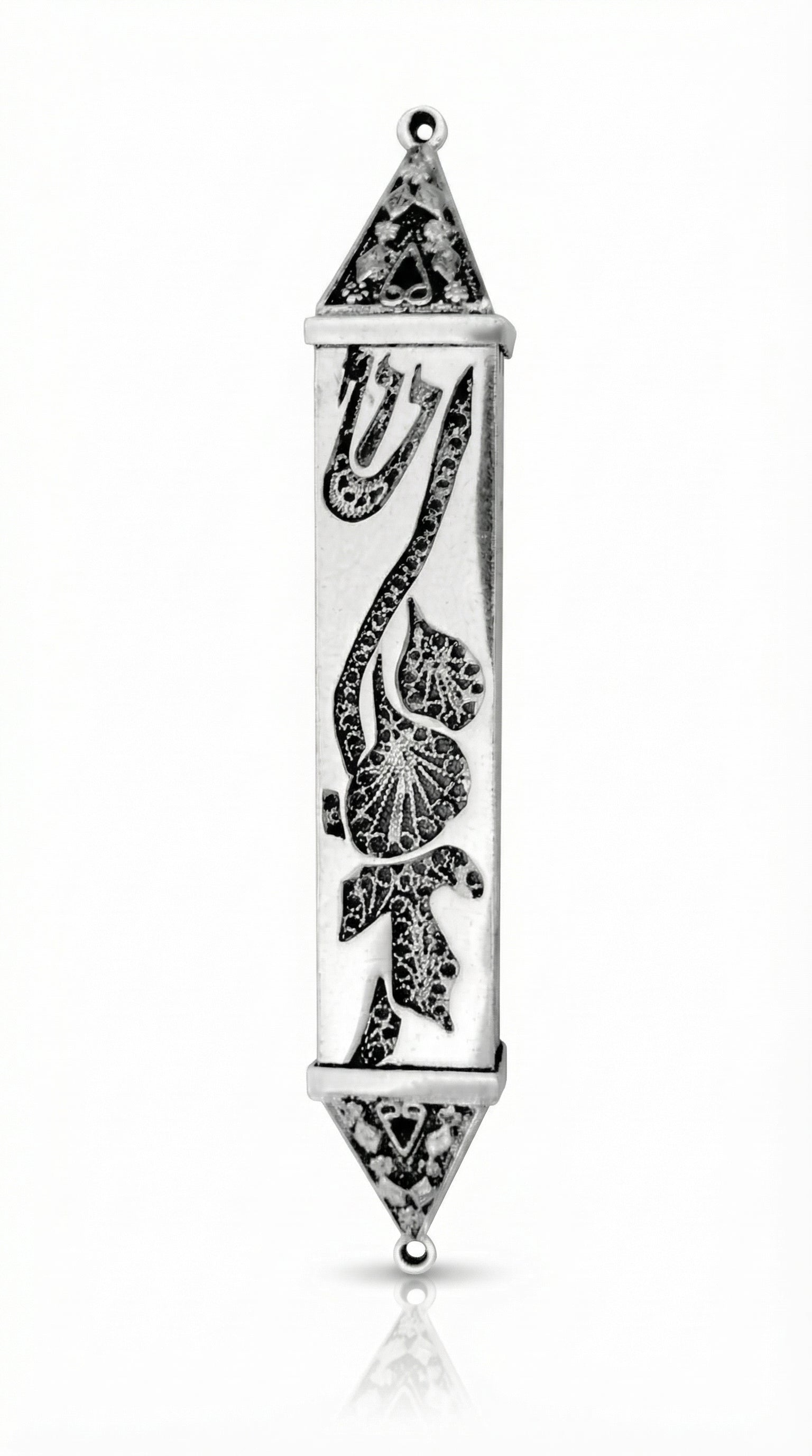 handmade sterling silver mezuzah with intricate leaf filigree and Hebrew characters