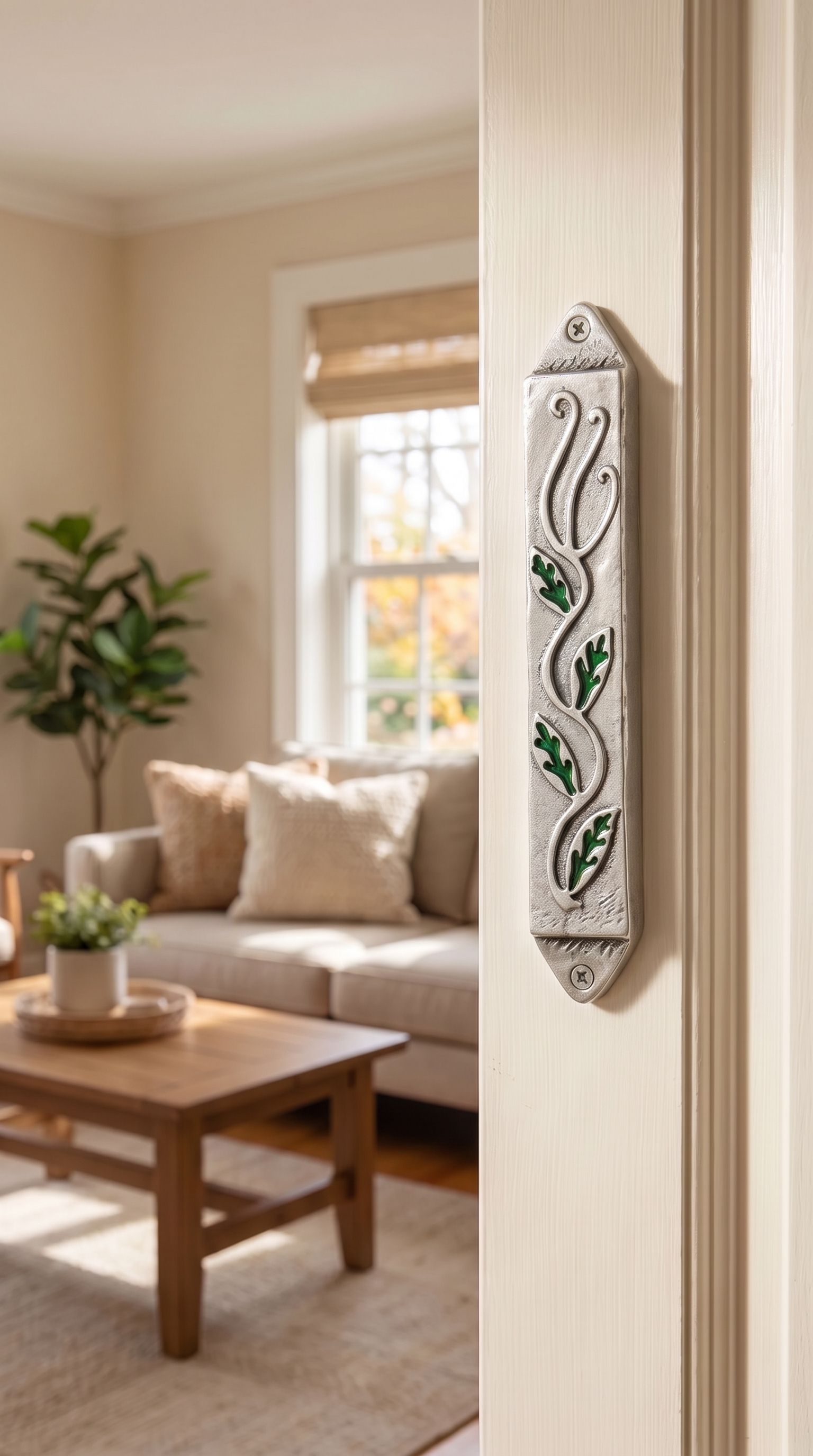 Leaves mezuzah case featuring green enamel leaves and silver pewter mounted vertically on a residential doorway.