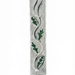 Pewter Leaves Mezuzah with enamel detail, 4 inches tall, designed for home doors, with a sleek hand-painted finish and Hebrew inscriptions.