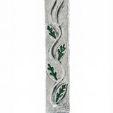 Pewter Leaves Mezuzah with enamel detail, 4 inches tall, designed for home doors, with a sleek hand-painted finish and Hebrew inscriptions.