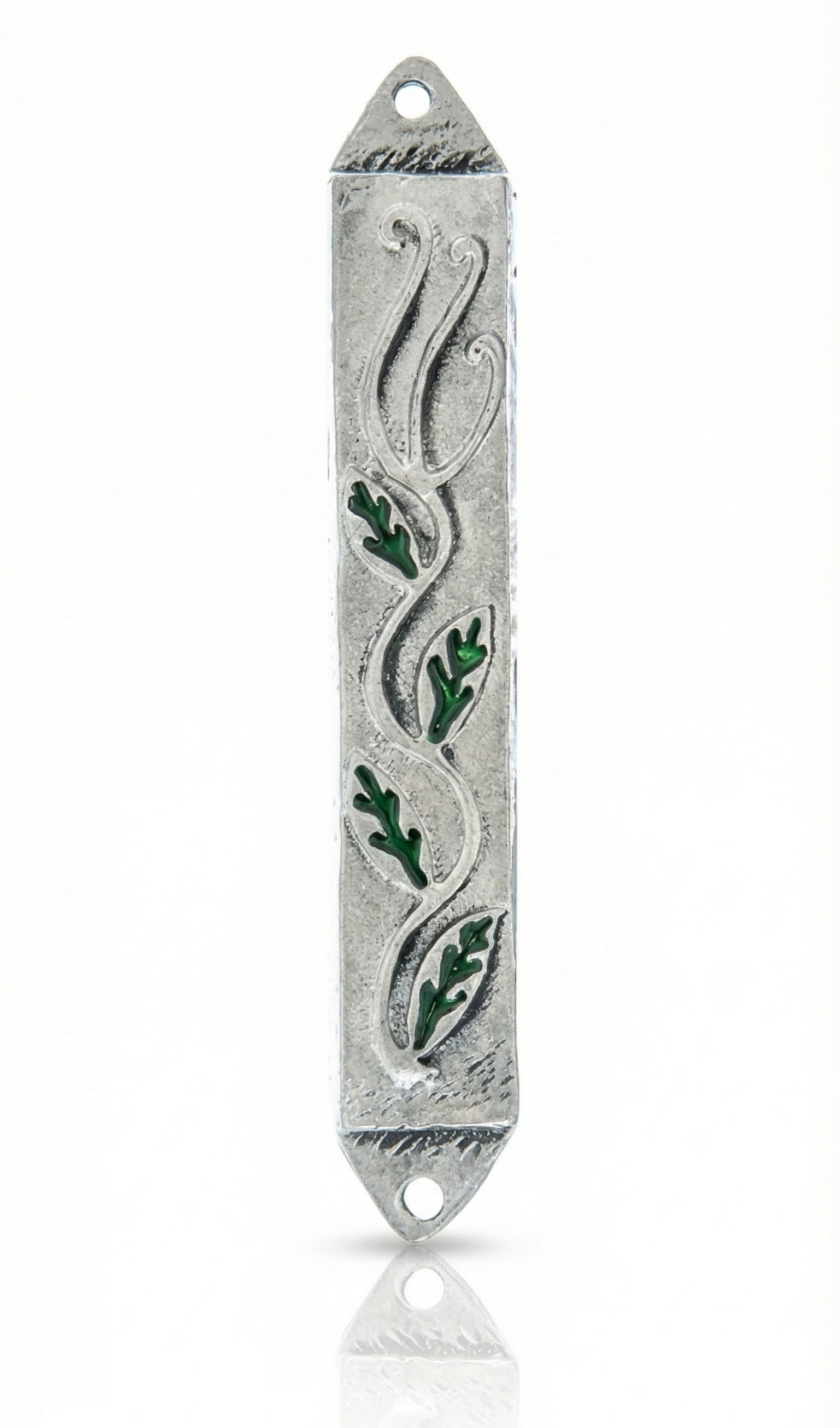 Pewter Leaves Mezuzah with enamel detail, 4 inches tall, designed for home doors, with a sleek hand-painted finish and Hebrew inscriptions.