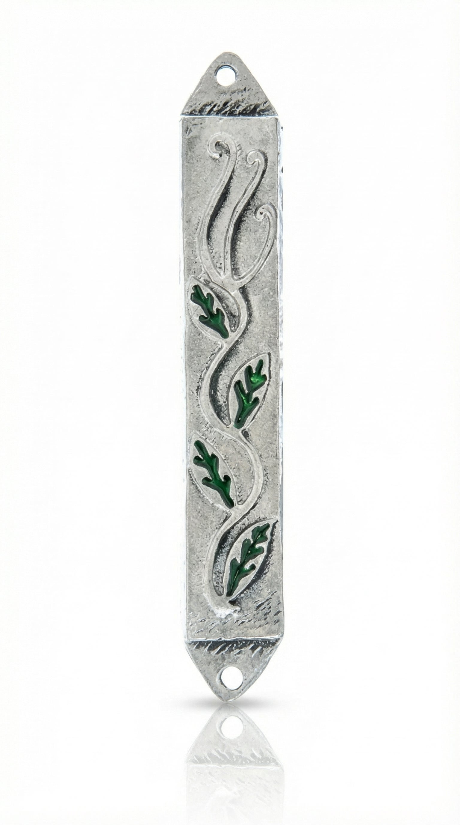 Pewter Leaves Mezuzah with enamel detail, 4 inches tall, designed for home doors, with a sleek hand-painted finish and Hebrew inscriptions.