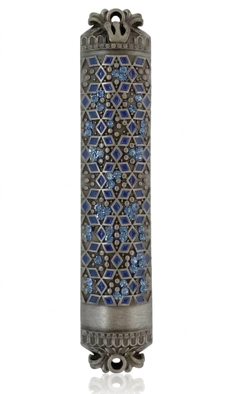 Levi Mezuzah, 4-inch tall religious doorpost decoration with Hebrew inscriptions, displayed on a clean white background with a subtle reflection.