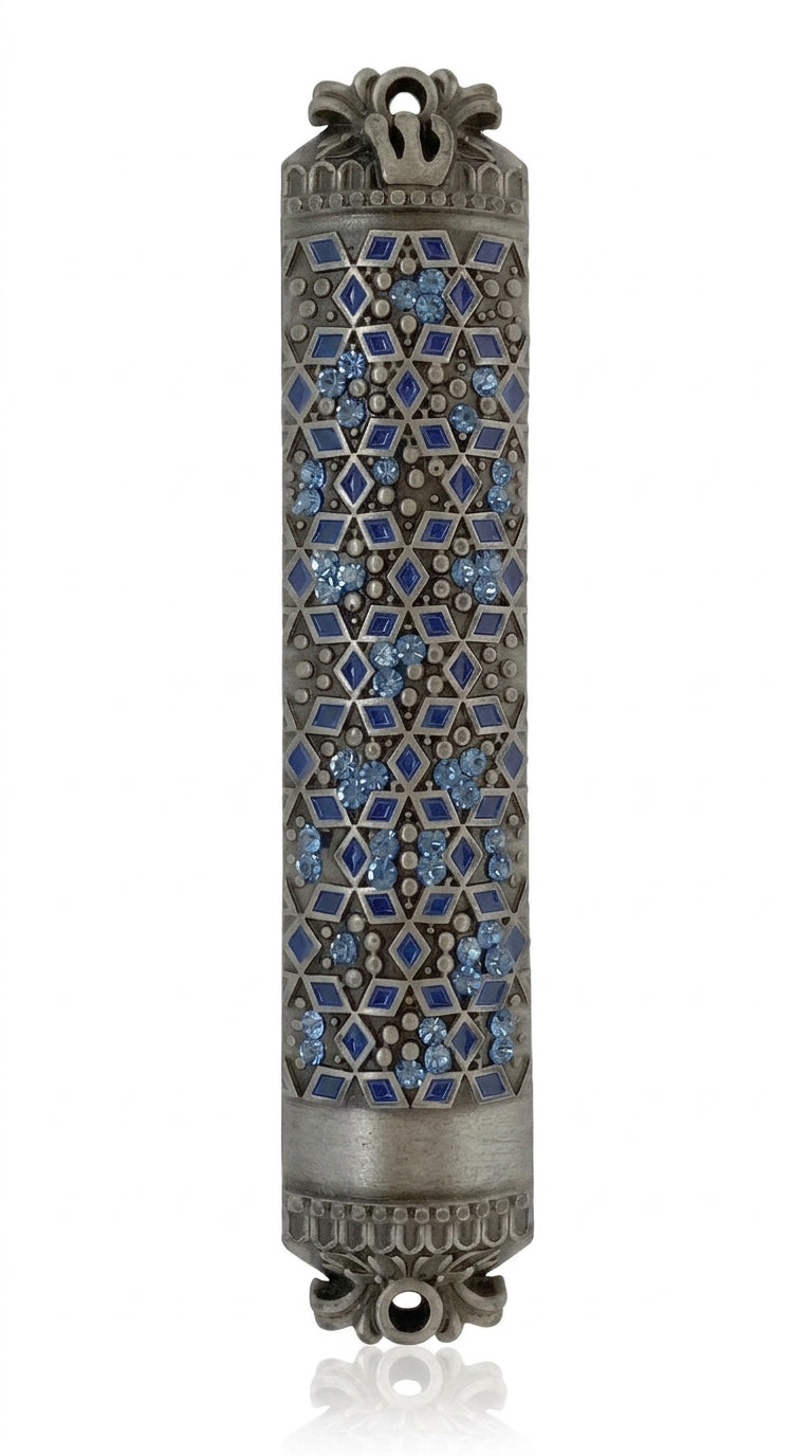 Levi Mezuzah, 4-inch tall religious doorpost decoration with Hebrew inscriptions, displayed on a clean white background with a subtle reflection.