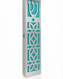 Light blue Casablanca Mezuzah made of aluminum, 5.5 inches tall, with detailed Hebrew engravings and decorative motifs, on a white studio background with soft reflection.