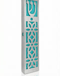 Light blue Casablanca Mezuzah made of aluminum, 5.5 inches tall, with detailed Hebrew engravings and decorative motifs, on a white studio background with soft reflection.