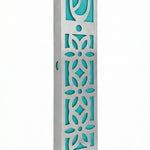 Light blue Casablanca Mezuzah made of aluminum, 5.5 inches tall, with detailed Hebrew engravings and decorative motifs, on a white studio background with soft reflection.