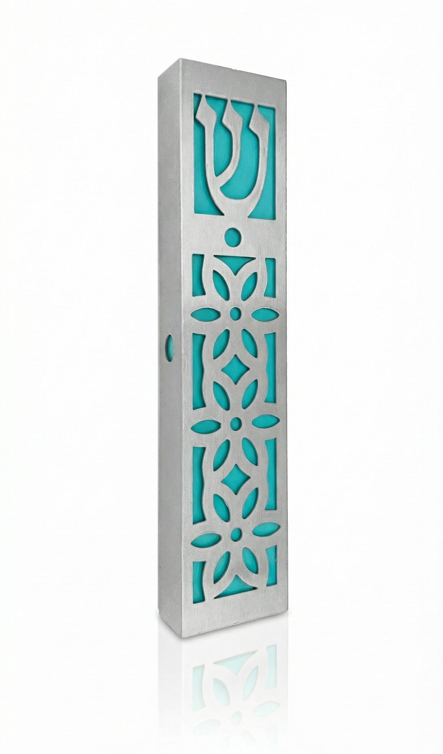 Light blue Casablanca Mezuzah made of aluminum, 5.5 inches tall, with detailed Hebrew engravings and decorative motifs, on a white studio background with soft reflection.