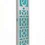 Light blue Casablanca Mezuzah made of aluminum, 5.5 inches tall, with detailed Hebrew engravings and decorative motifs, on a white studio background with soft reflection.