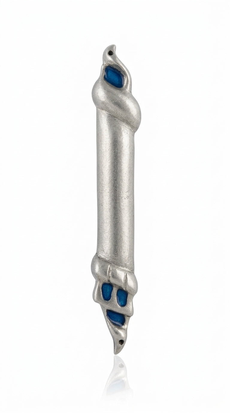 High-resolution image of the Light of Arin Mezuzah, made in the USA, with a bright white background, clear exquisite details, Hebrew engravings, and a subtle reflection beneath.