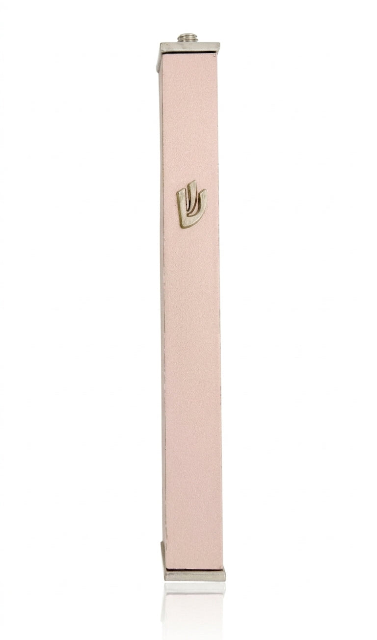 Light pink aluminum mezuzah with screw cap for outdoor use, measures 5.5 inches tall, designed with Hebrew lettering and decorative motifs, mounted with strong tape.