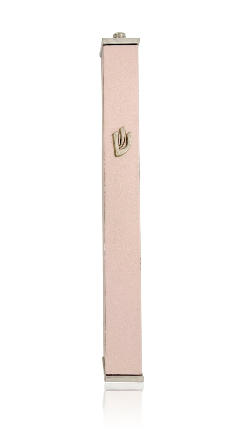 Light pink aluminum mezuzah with screw cap for outdoor use, measures 5.5 inches tall, designed with Hebrew lettering and decorative motifs, mounted with strong tape.