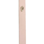 Light pink aluminum mezuzah with screw cap for outdoor use, measures 5.5 inches tall, designed with Hebrew lettering and decorative motifs, mounted with strong tape.