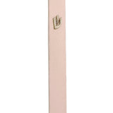 Light pink aluminum mezuzah with screw cap for outdoor use, measures 5.5 inches tall, designed with Hebrew lettering and decorative motifs, mounted with strong tape.