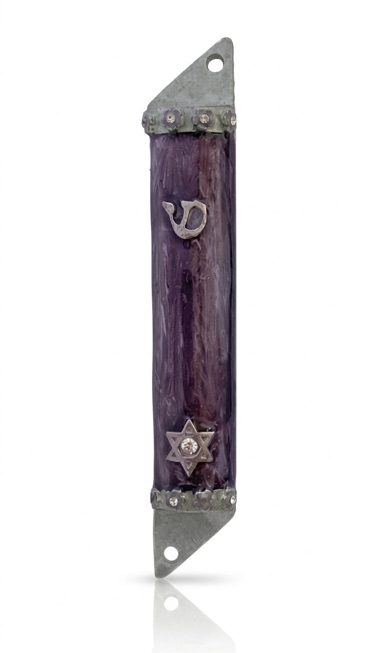 Elegant light purple roses mezuzah made of pewter with enamel, 4 inches tall, decorative and suitable for home doorposts in Jewish tradition.
