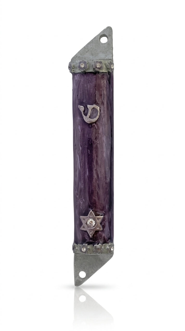 Elegant light purple roses mezuzah made of pewter with enamel, 4 inches tall, decorative and suitable for home doorposts in Jewish tradition.