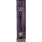 Elegant light purple roses mezuzah made of pewter with enamel, 4 inches tall, decorative and suitable for home doorposts in Jewish tradition.