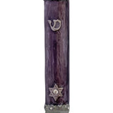 Elegant light purple roses mezuzah made of pewter with enamel, 4 inches tall, decorative and suitable for home doorposts in Jewish tradition.