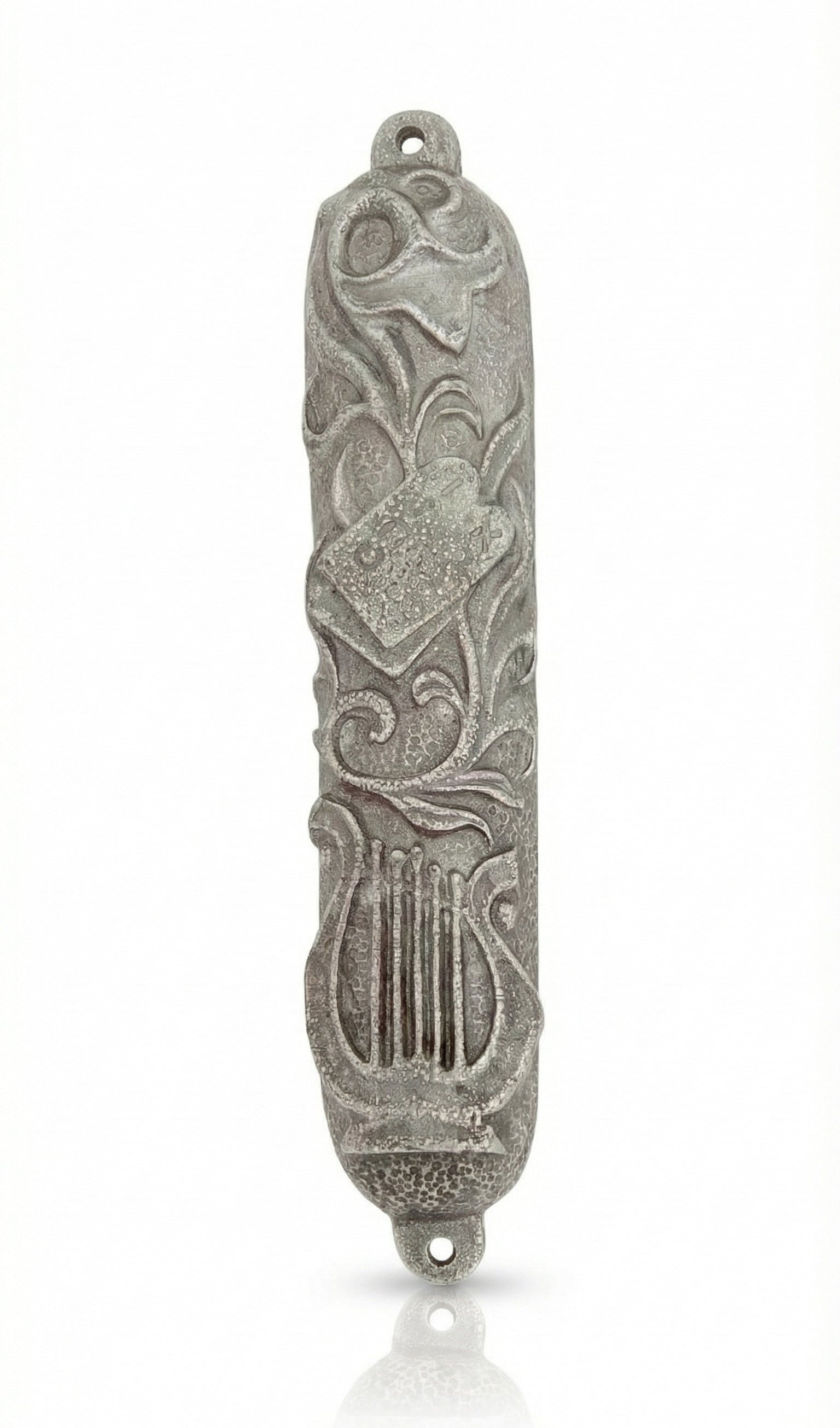 Elegant Lily Mezuzah crafted of pewter with hand-painted enamel detailing, measuring 4 inches tall, suitable for doorways, with a subtle reflection on white background.