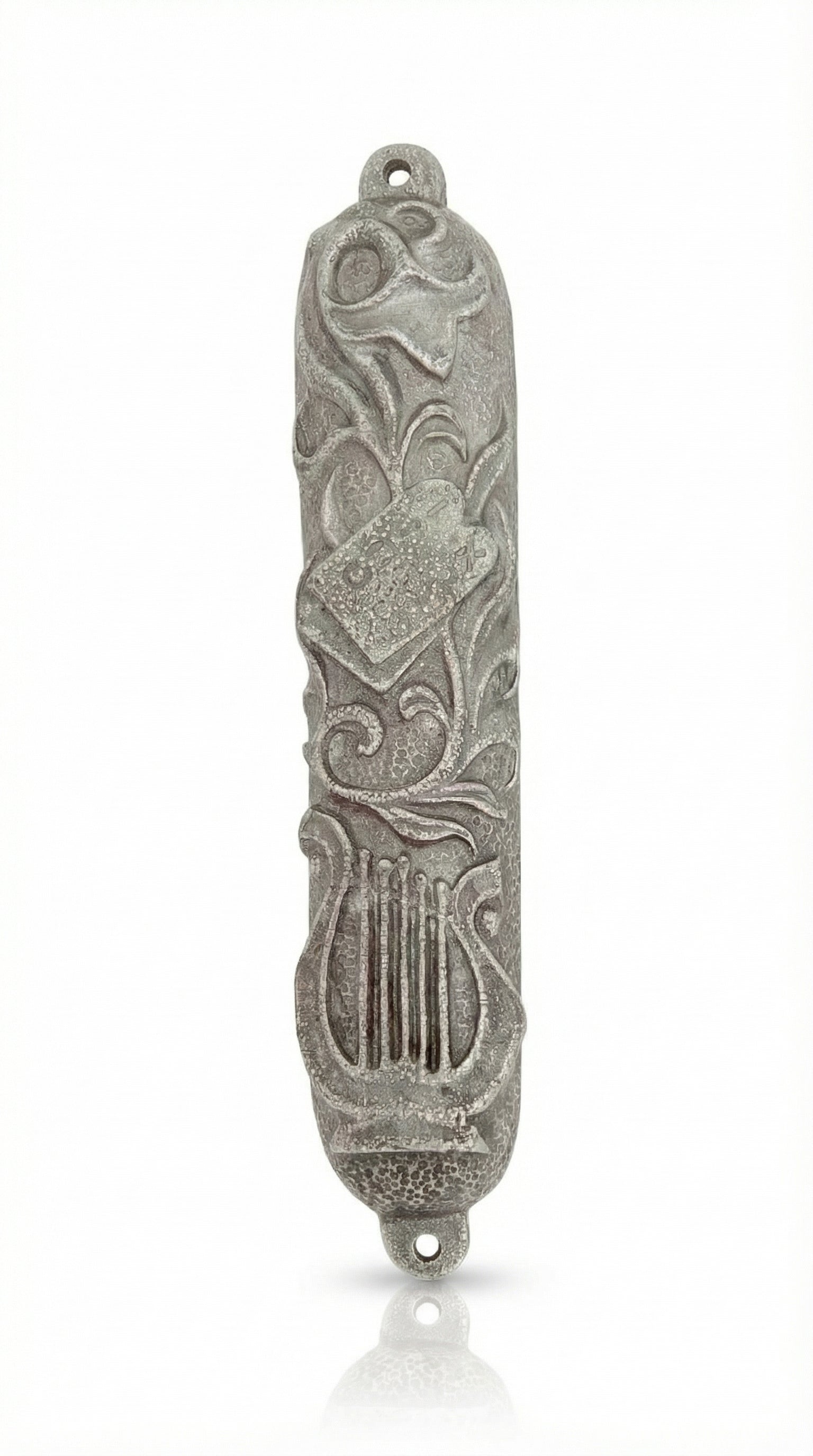 Elegant Lily Mezuzah crafted of pewter with hand-painted enamel detailing, measuring 4 inches tall, suitable for doorways, with a subtle reflection on white background.