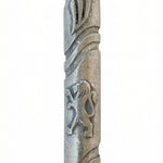 High-resolution image of an intricately detailed pewter Lion Mezuzah, 4 inches tall, with Hebrew engravings, set against a pure white background with soft reflection.