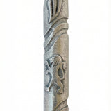 High-resolution image of an intricately detailed pewter Lion Mezuzah, 4 inches tall, with Hebrew engravings, set against a pure white background with soft reflection.