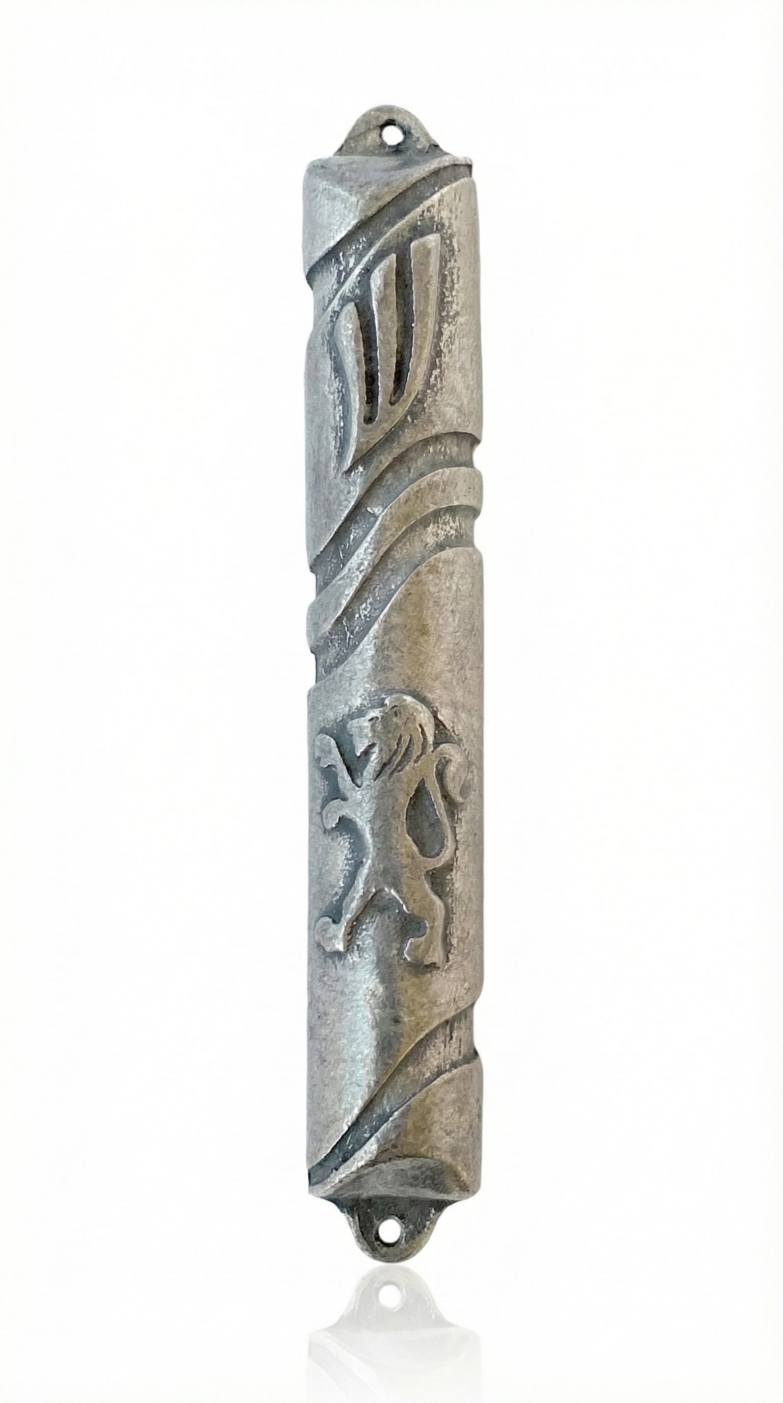 High-resolution image of an intricately detailed pewter Lion Mezuzah, 4 inches tall, with Hebrew engravings, set against a pure white background with soft reflection.