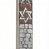 High-quality wooden and pewter mezuzah featuring two guardian lions, designed for home doorposts with precise details and elegant finish.