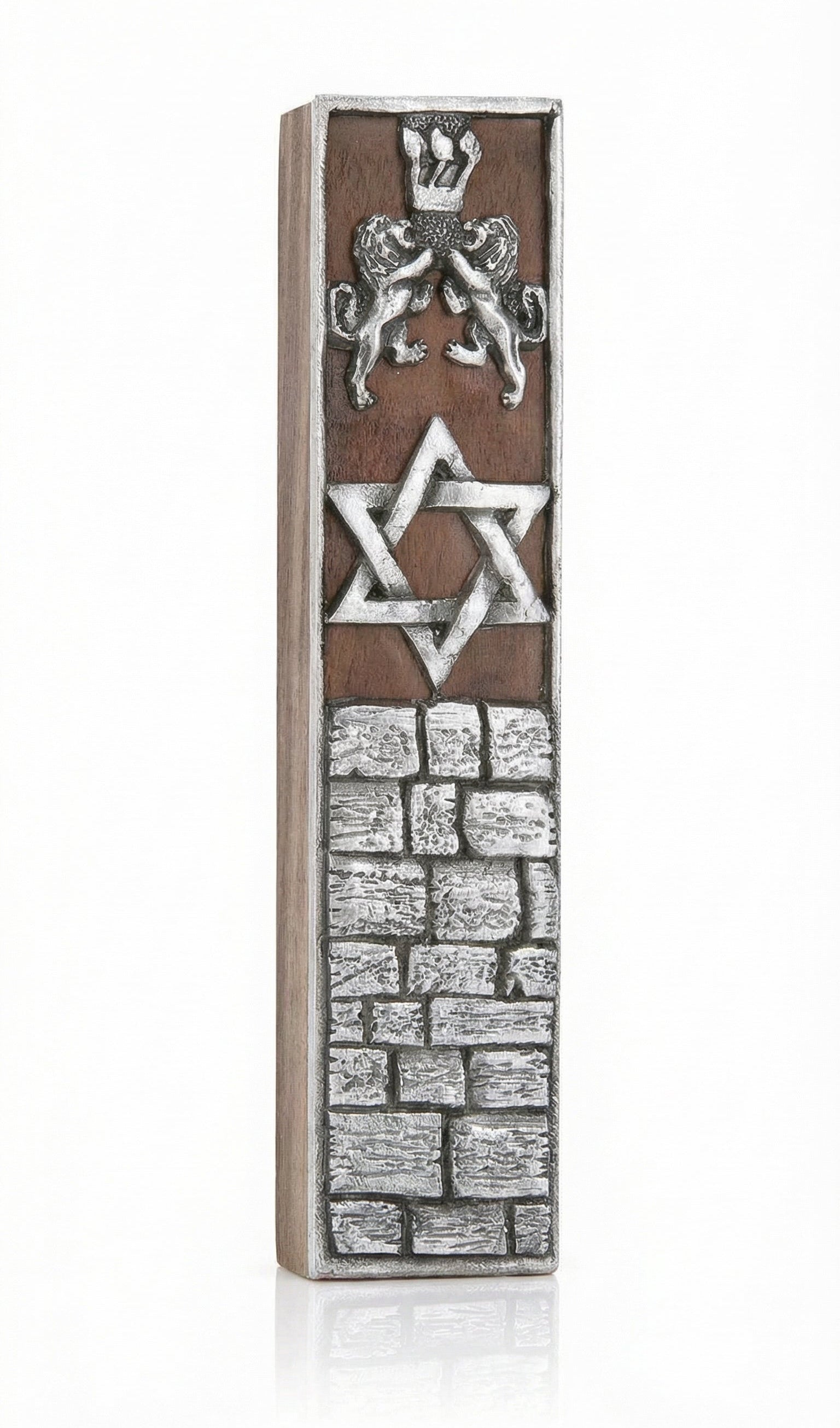 High-quality wooden and pewter mezuzah featuring two guardian lions, designed for home doorposts with precise details and elegant finish.