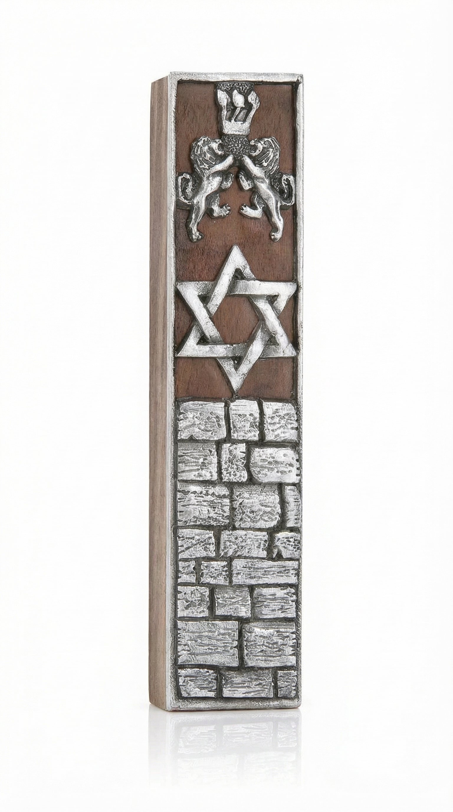 High-quality wooden and pewter mezuzah featuring two guardian lions, designed for home doorposts with precise details and elegant finish.