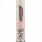 Pink ballerina mezuzah made of pewter with enamel, detailed engraving, on a white studio background with subtle reflection.