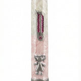 Pink ballerina mezuzah made of pewter with enamel, detailed engraving, on a white studio background with subtle reflection.