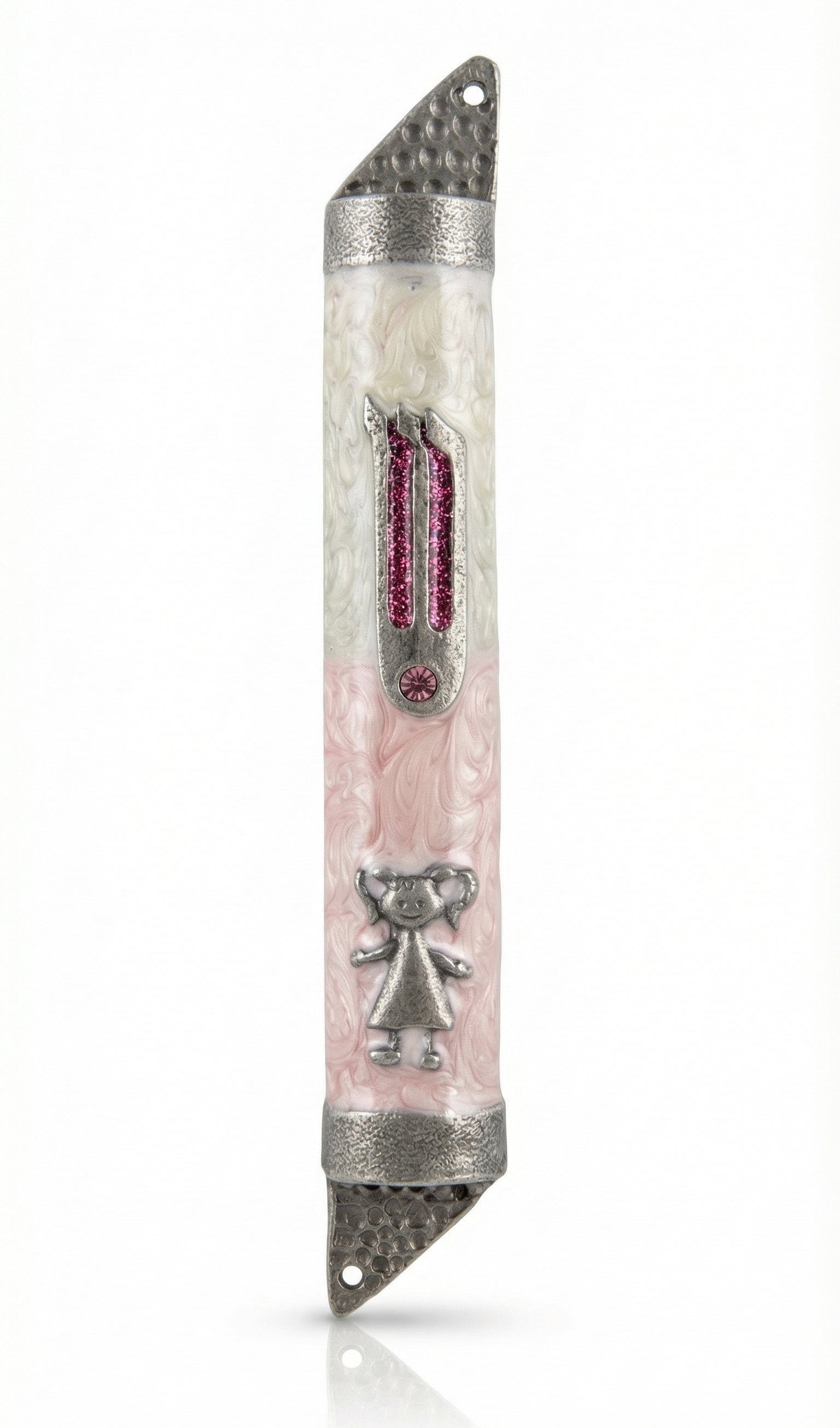 Pink ballerina mezuzah made of pewter with enamel, detailed engraving, on a white studio background with subtle reflection.