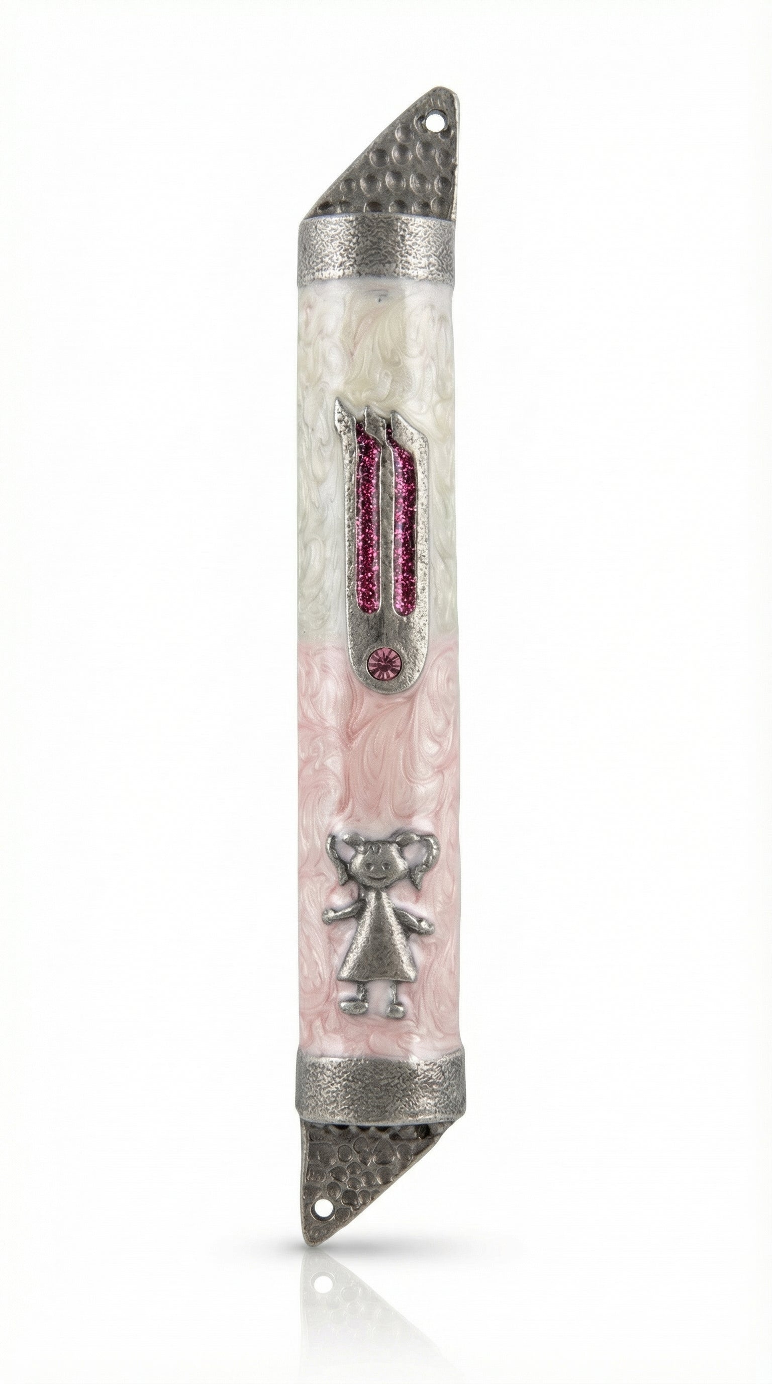 Pink ballerina mezuzah made of pewter with enamel, detailed engraving, on a white studio background with subtle reflection.