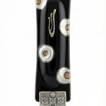 Upscale London Mezuzah crafted in the USA, 6 inches tall with detailed Hebrew inscriptions and decorative motifs, displayed on a white studio background with a subtle reflection.