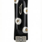 Upscale London Mezuzah crafted in the USA, 6 inches tall with detailed Hebrew inscriptions and decorative motifs, displayed on a white studio background with a subtle reflection.