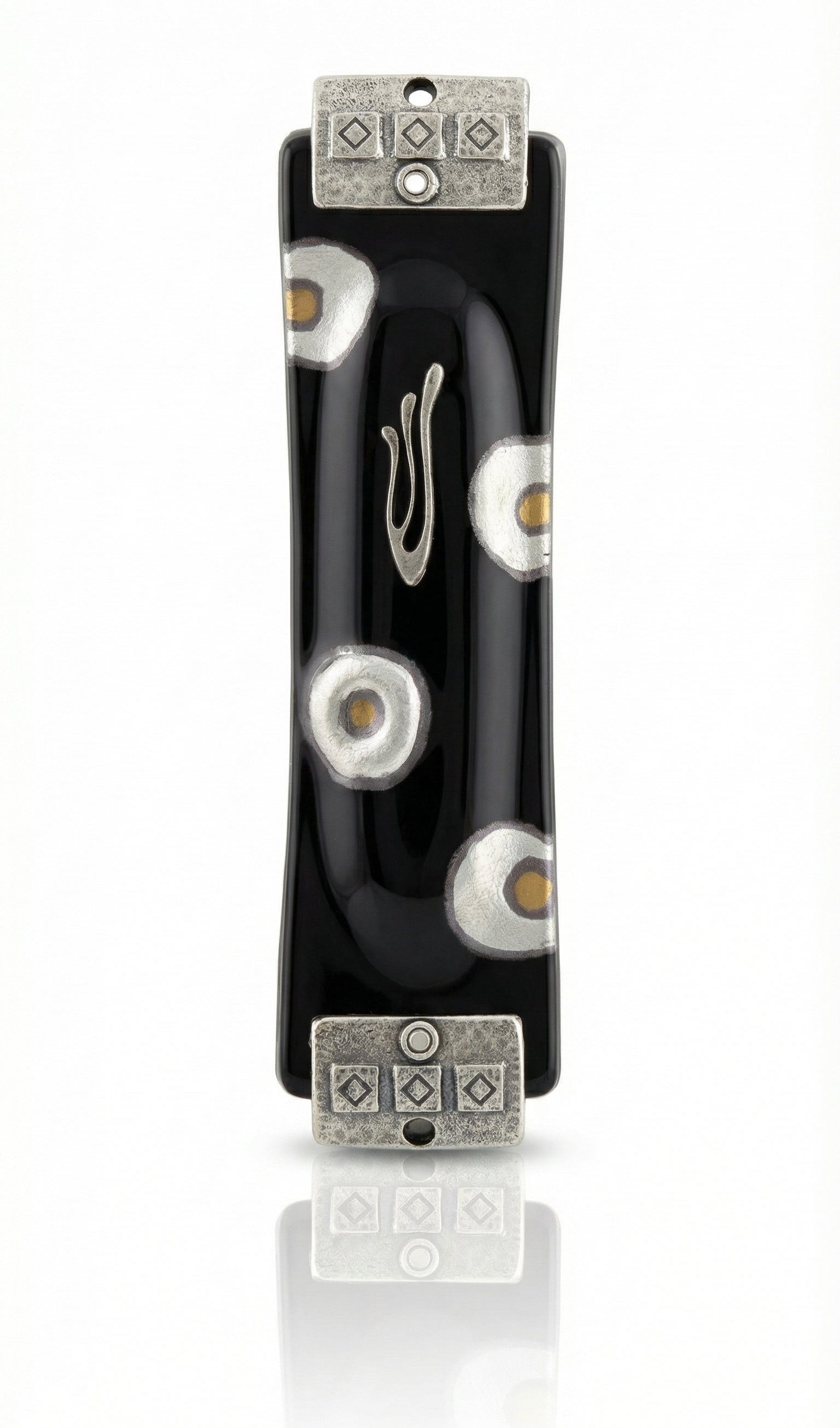 Upscale London Mezuzah crafted in the USA, 6 inches tall with detailed Hebrew inscriptions and decorative motifs, displayed on a white studio background with a subtle reflection.