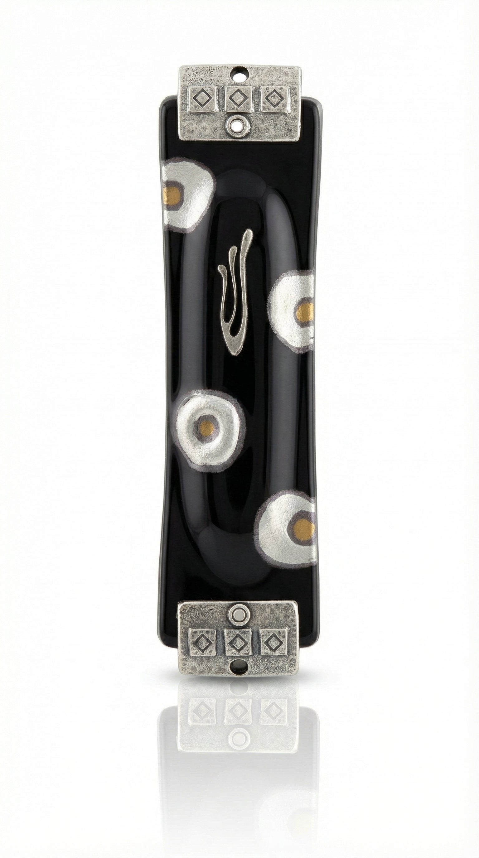 Upscale London Mezuzah crafted in the USA, 6 inches tall with detailed Hebrew inscriptions and decorative motifs, displayed on a white studio background with a subtle reflection.