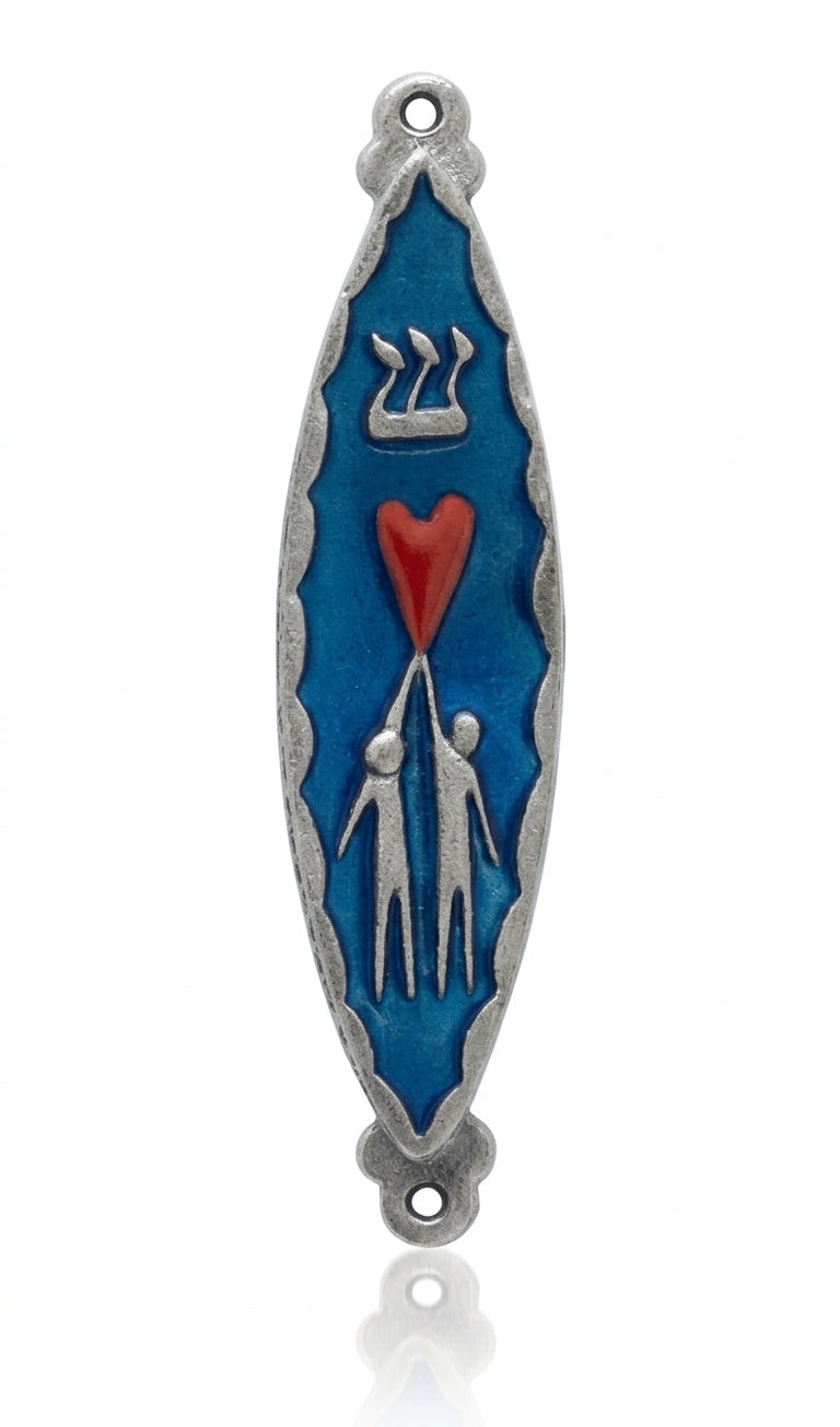 Upscale product image of a detailed pewter and enamel Love Mezuzah, 4 inches long, with precise textures and Hebrew engravings, on a pure white background.