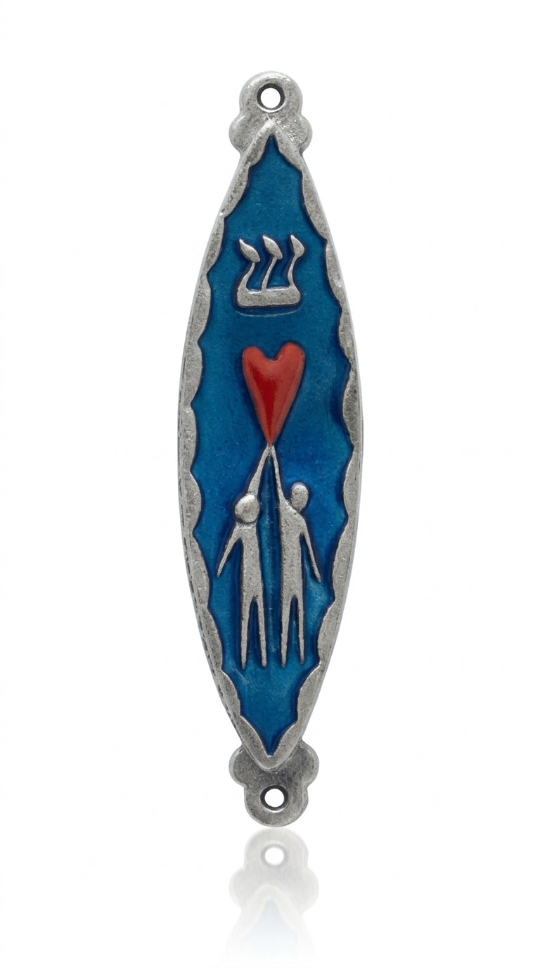 Upscale product image of a detailed pewter and enamel Love Mezuzah, 4 inches long, with precise textures and Hebrew engravings, on a pure white background.