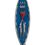 Upscale product image of a detailed pewter and enamel Love Mezuzah, 4 inches long, with precise textures and Hebrew engravings, on a pure white background.