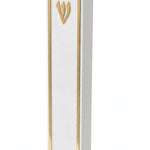 Angled view of the Lumen Gold-Framed White Acrylic Mezuzah, a slim minimalist waterproof mezuzah case made in Israel with a glossy white face, thin gold border and gold Shin, sized for a 5-inch kosher scroll