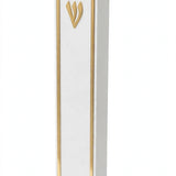 Angled view of the Lumen Gold-Framed White Acrylic Mezuzah, a slim minimalist waterproof mezuzah case made in Israel with a glossy white face, thin gold border and gold Shin, sized for a 5-inch kosher scroll